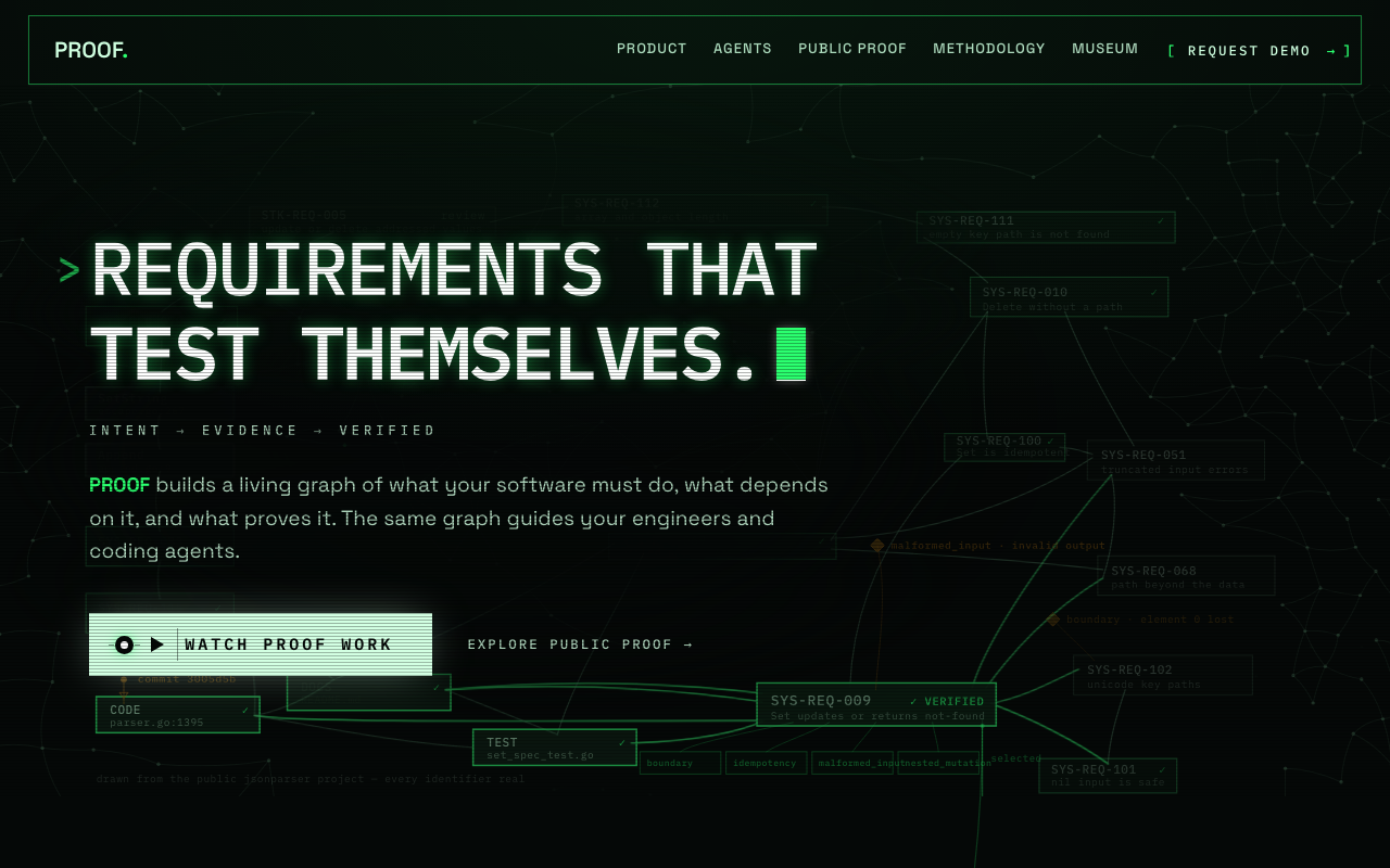 v8 Signal Field: green-on-black phosphor terminal, mono caps behind a prompt and a blinking cursor block, a live jsonparser intent graph running behind the type; &lsquo;Requirements that test themselves.&rsquo;